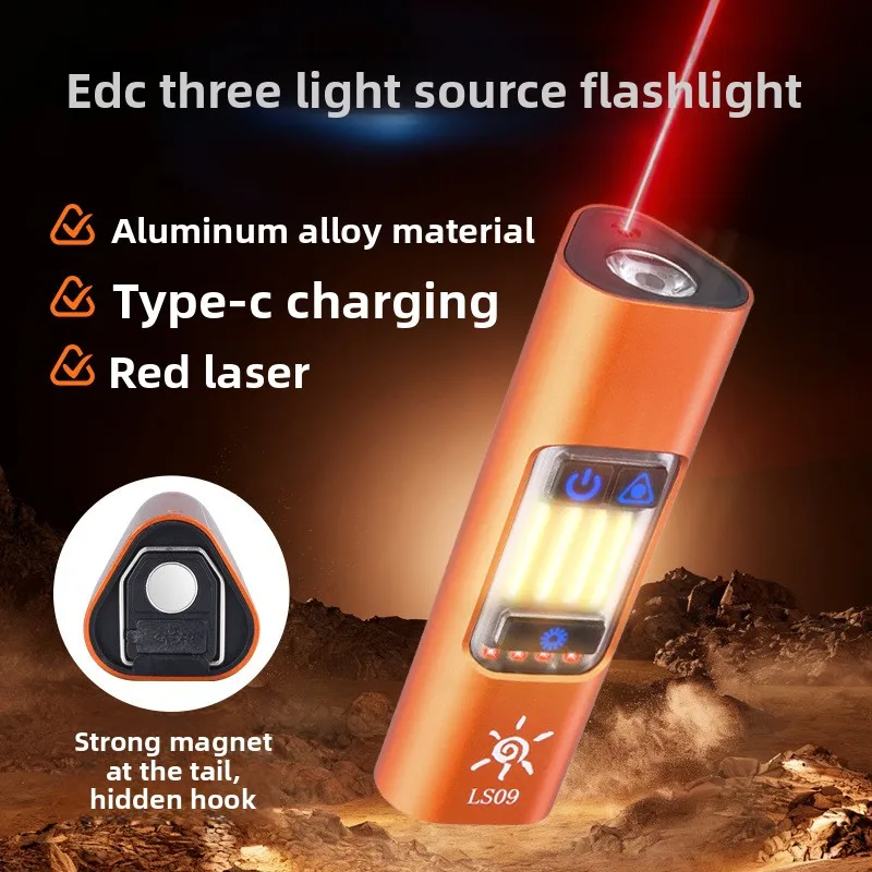 Mini EDC Multi-source Flashlight Magnetic Suction Red Laser Warning Camping Light Portable Multi-function Tool Light