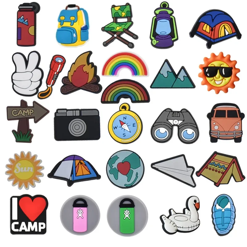 Camping Shoe Charms Accessories PVC Sun Temp Moutain Camera Rainbow Shoe Decoration for Wristband Clog Accessories Unisex DIY