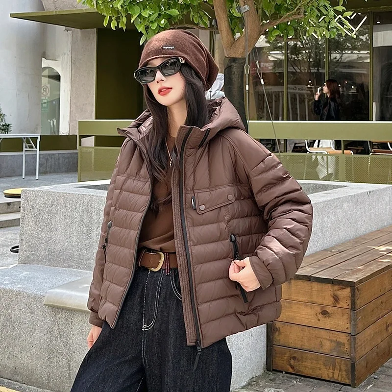 

Winter Lightweight Hooded Warm Down Jacket Female Solid Zipper Pocket Jacket Women White Duck Down Waterproof Parker Outwears