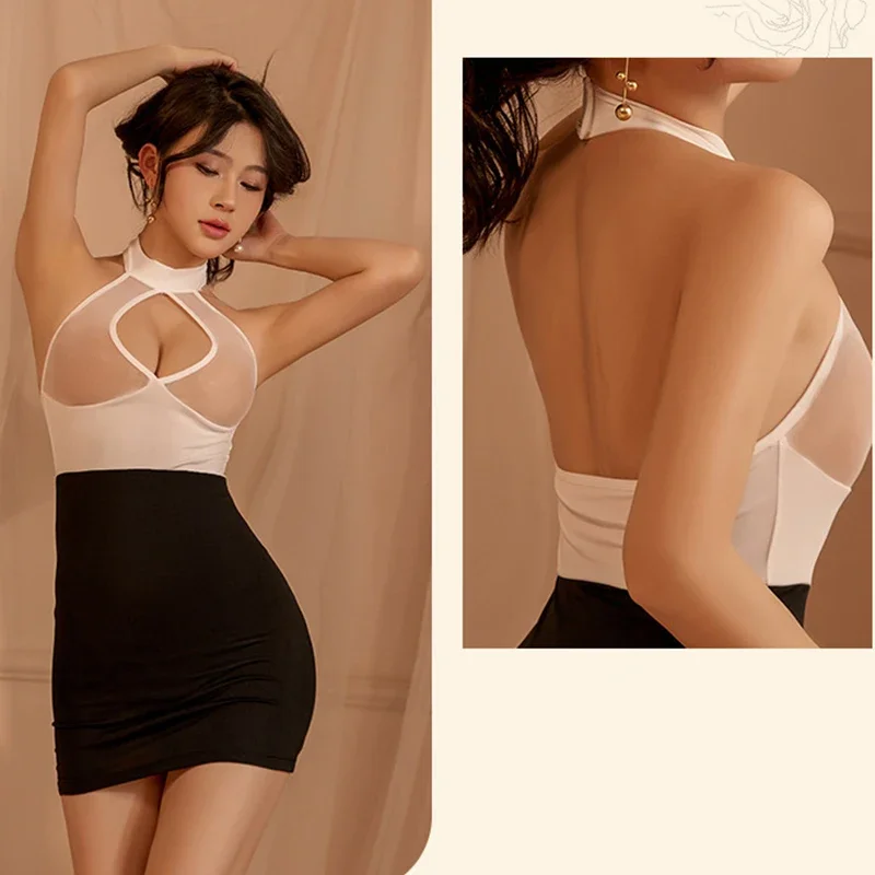 Sexy lingerie Hanging neck deep V-wrap buttocks skirt perspective sexy nightclub Babydoll sexy woman clogs fancy underwear women