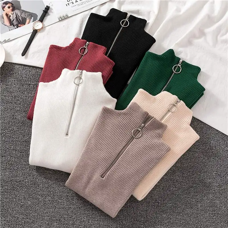 Women Fashion Solid Knitted Sweaters Vintage Long Sleeve Zip-up Basic Half Turtleneck Sweater Female Pullovers Chic Casual Tops