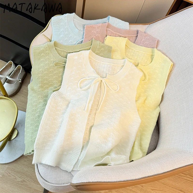 

Matakawa бандажные женские свитера с бантиками, однотонные осенне-зимние короткие жилеты, корейские модные простые кардиганы в стиле ретро
