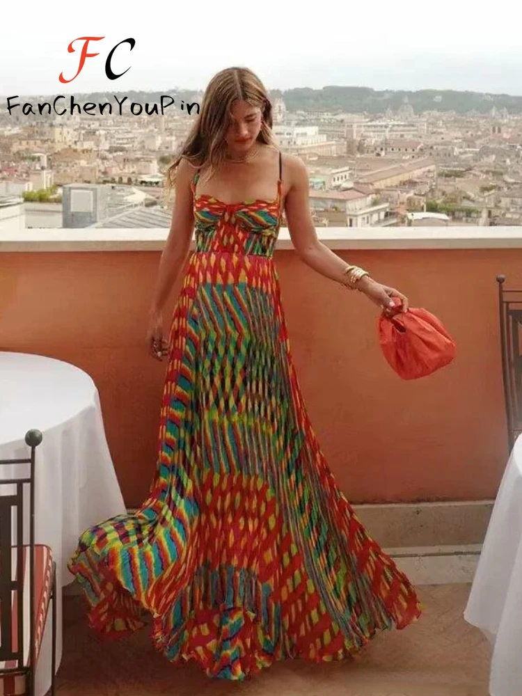 Vestido largo sin mangas con tirantes finos para mujer, maxifalda Sexy con estampado bohemio para vacaciones y playa, moda de verano, 2024