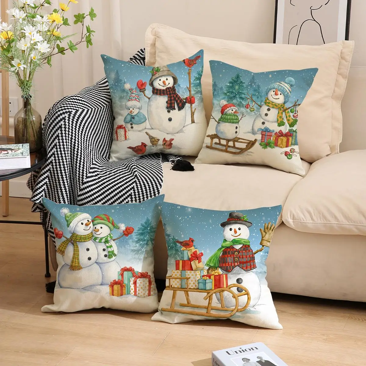 Christmas Snowman Pillow Covers 45cm Cartoon Print Linen Cushion Case Winter Sofa Throw Pillowcase for Home Holiday Decoration