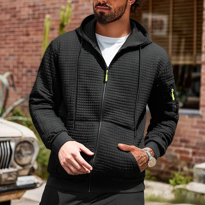 Men's Waffle Checkered Sports Zip Up Jacket with Kangaroo Pocket Autumn Winter Warm Hooded Sweatshirt Coat with Zipper Pocket