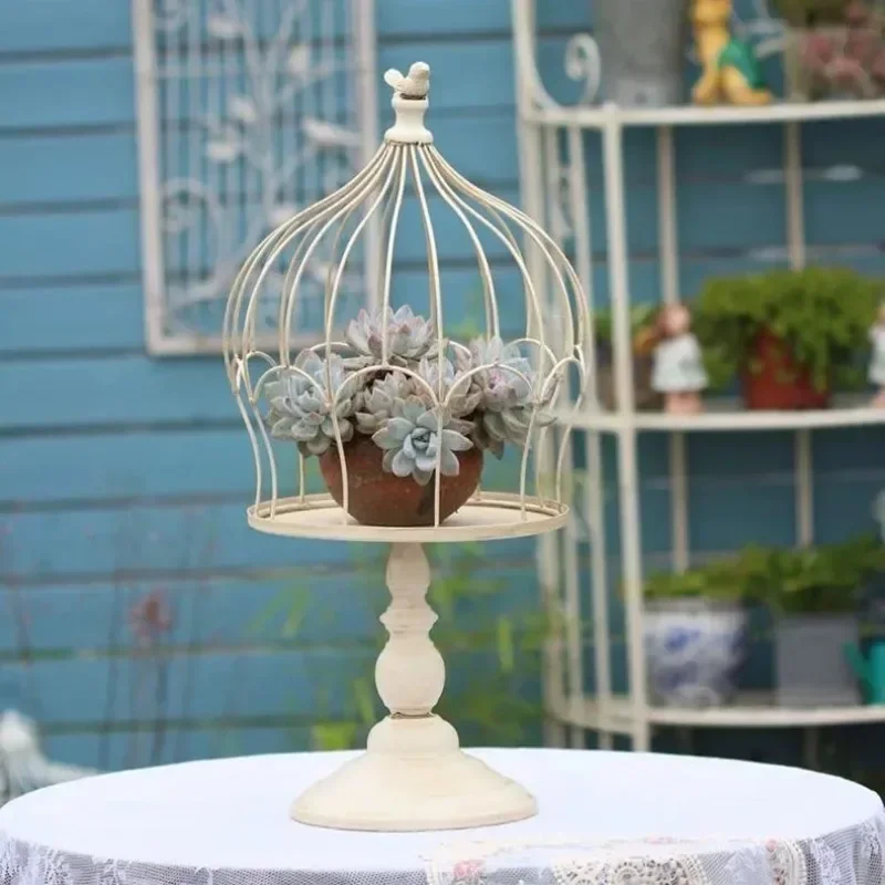 Retro Iron Flower Stand Tall Birdcage Succulent Planter Garden Freestanding Greenery Display Rack Vintage Craft Hanging Basket
