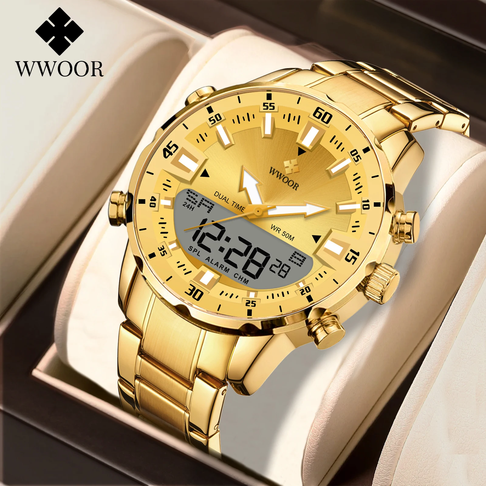 WWOOR Homens LED Military Watch for Men Luxury Original Sports Chronograph Watch ​Waterproof Quartz WristWatch Relogio Masculino