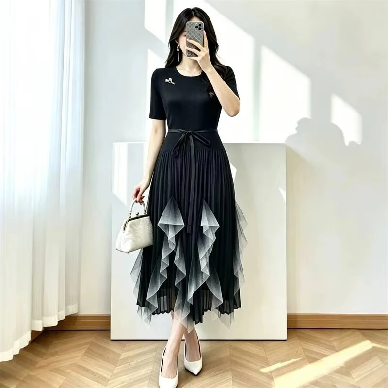 ANLAN High-end Gradient Ruffled Patchwork Design Women's Pleated Dress O-neck Summer Slimming Short Sleeve Evening Dresses 2A597