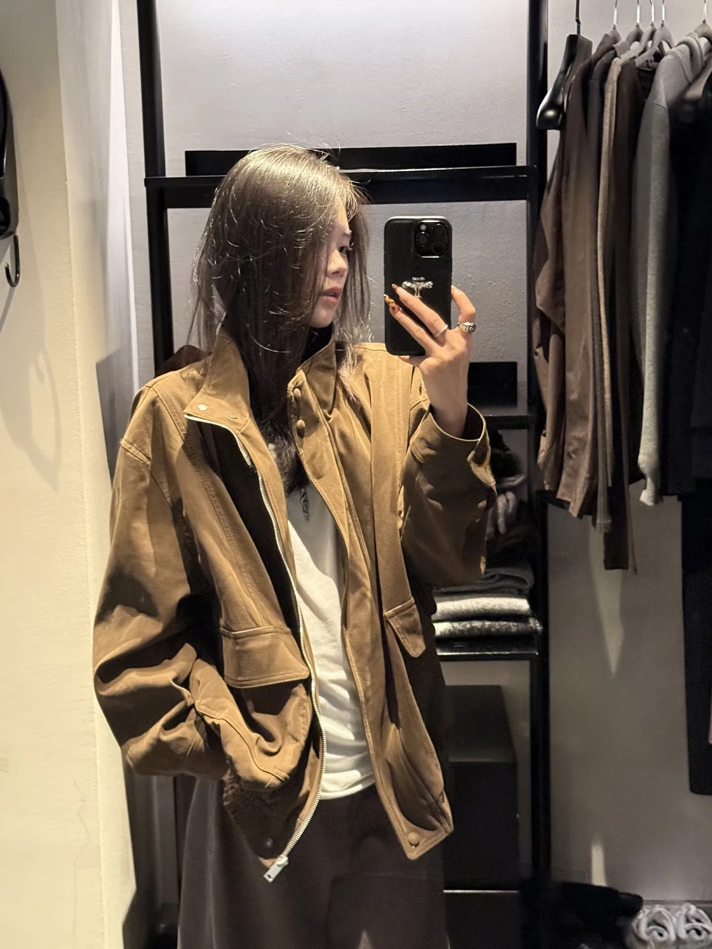 

YOLO OP Retro Suede Stand Collar Jaet Women's Autumn Versatile Quali Top Faionable Slim Fit Long Sve Coat