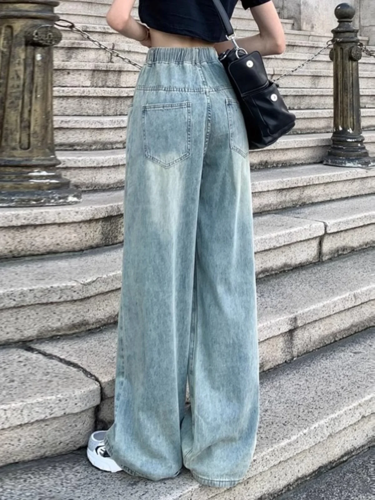 레트로 엘라스틱 웨이스트 끈 데님 청바지 여성용 봄 여름 한국 버전 하이 웨이스트 슬림 학생용 스트레이트 레그 바지...