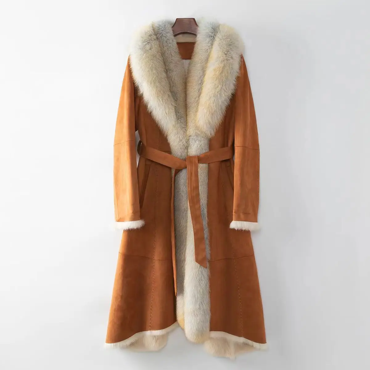 Women's dress de mujerWomen's long rabbit fur one oversized fox fur collar real fur coat