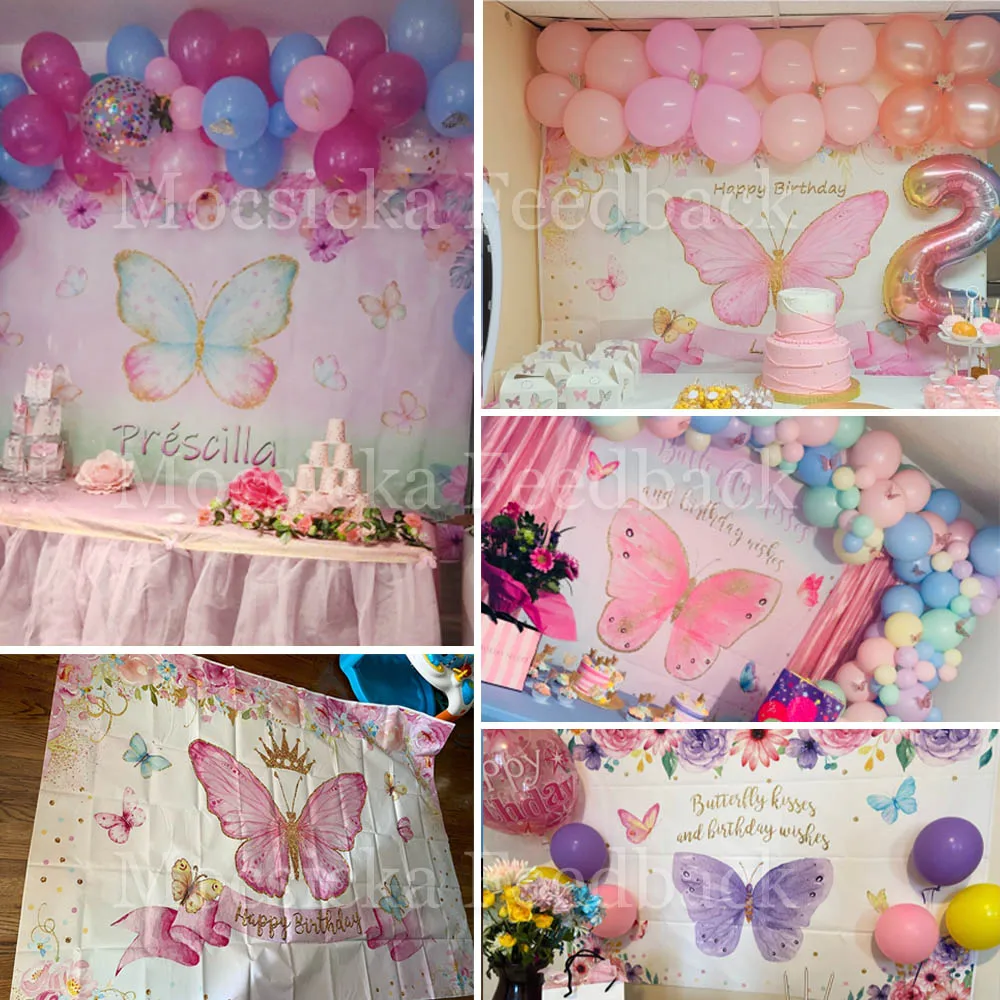 Mocsicka Bướm Hồng Sinh Nhật Phông Nền Cho Bé Gái Kiện Trang Trí Tiệc Thái Họa Tiết Hoa Cho Bé Hình Nền Chụp Ảnh
