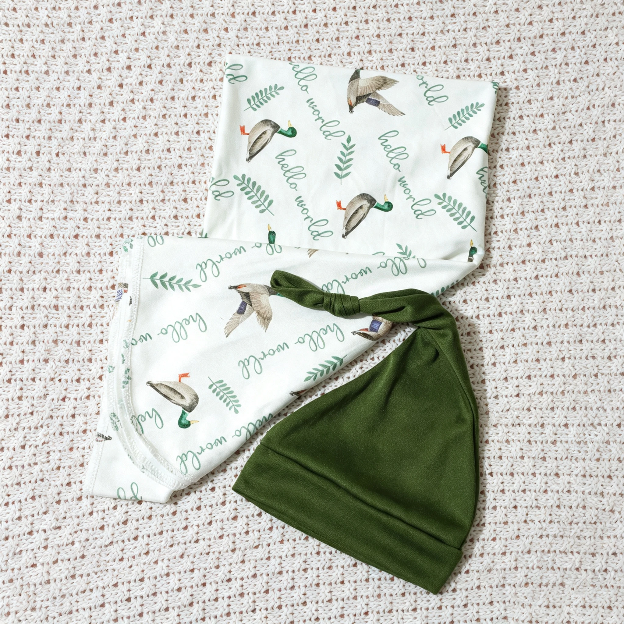 Newborn Baby Swaddle Blanket Knotted Hat 2Pcs Set Mallard Duck Print Soft Stretch Receiving Wrap Infant Boy Coming Home Outfit view 5