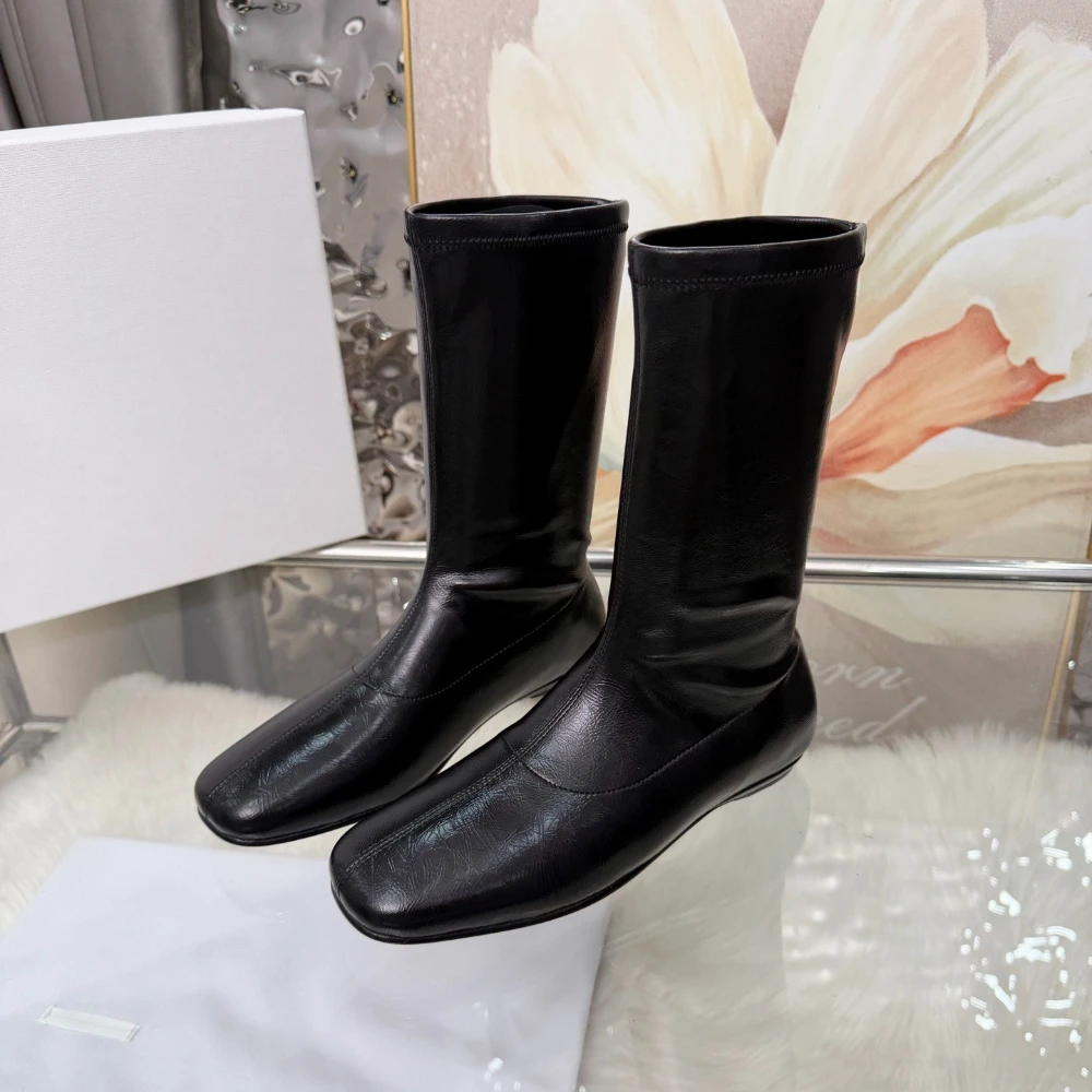 Fall/Winter genuine leather stretchy small heel slimming low heel short boots, versatile flat heel moccasins