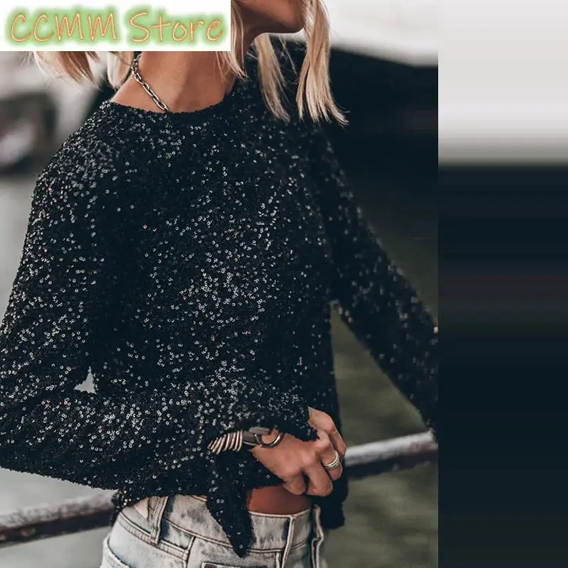 

New Female Glitter Sequin Shiny Party Shirt Autumn Lady Long Sleeve Split Tops Sexy Women O Neck Button Backless Hollow Blouses