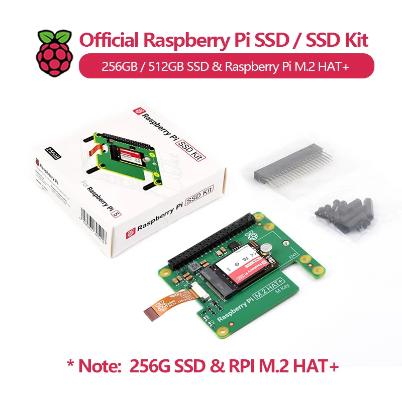 Official Raspberry Pi SSD / SSD Kit, 256GB / 512GB and RPI M.2 HAT+, Compliant with PCIe Gen 3 Standard, Suitable for RPI 5.