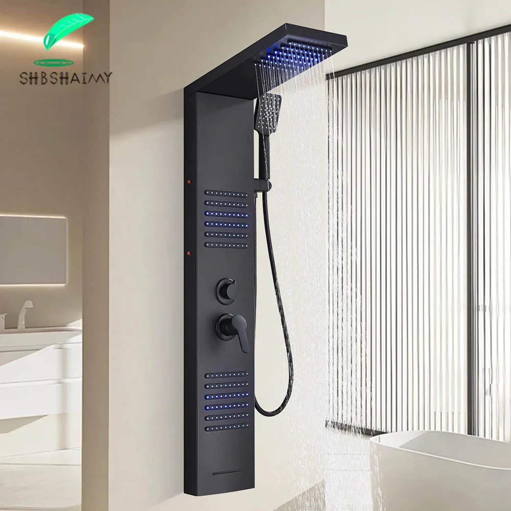 Matte Black LED Rainfall Head Shower Panel Tower System Rain Waterfall Wall Mounted Massage Body Spa Bath Shower Faucet Mixer