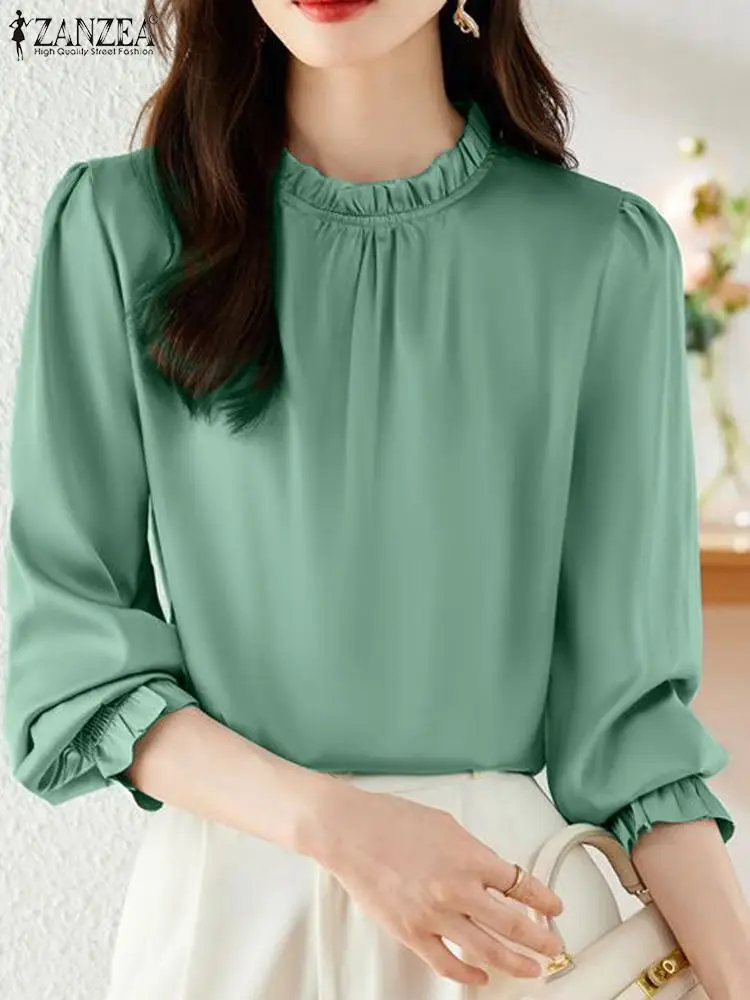 ZANZEA Women Office Satin Blouse Fashion Long Sleeve Ruffles Solid Shirt Elegant Casual OL Work Tops Tunic Female Party Blusas