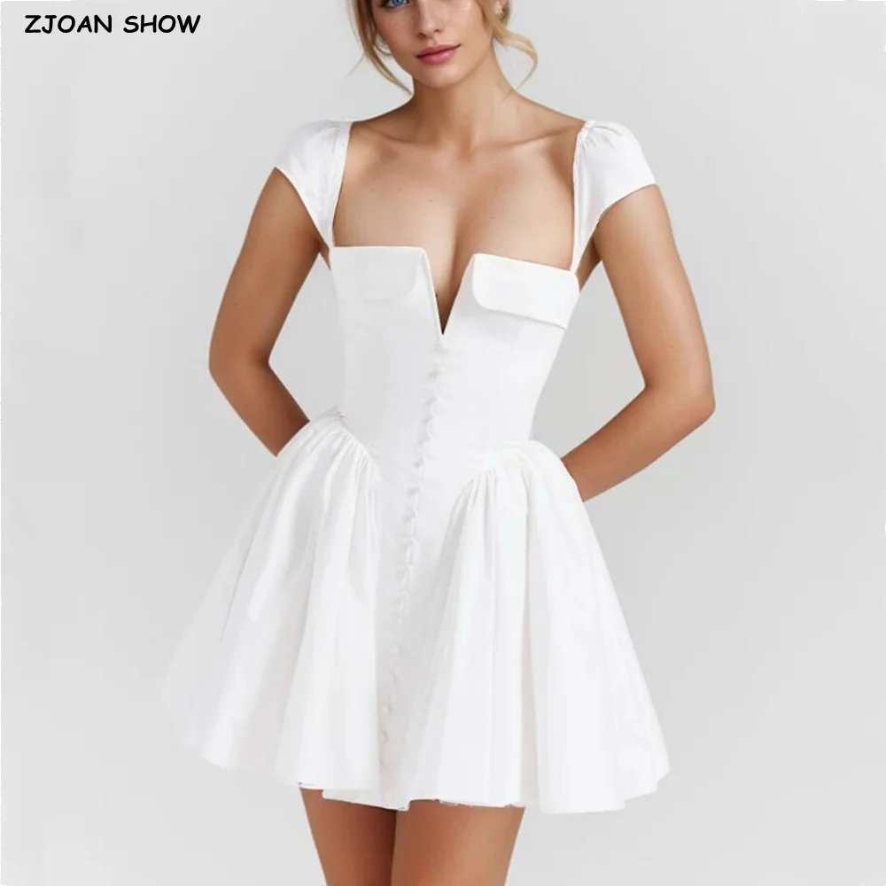 2024 Sexy White Slit Slash Collar Short Sleeve Corset Style Mini Dress Women Front Buttons Low Waist Ball Gown Swing Party Robe