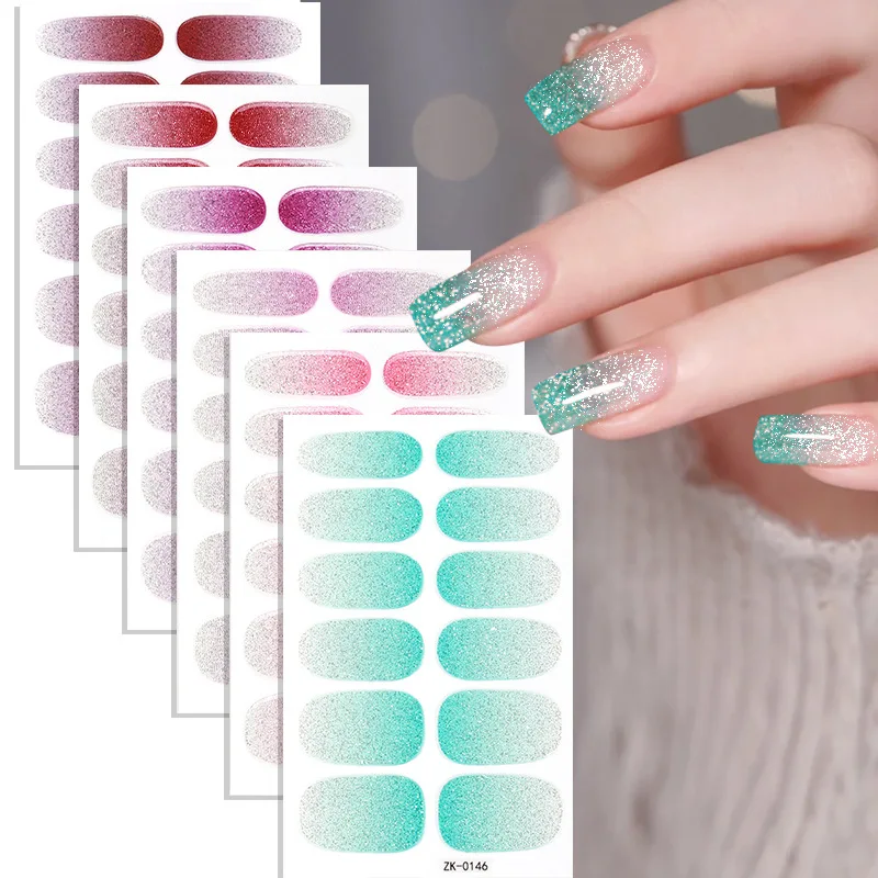 Glitter Gradient 12Tips Nail Stickers Multi Color Self Adhesive Slider No Need UV Lamp Cured Press ON Solid color Nail Decal