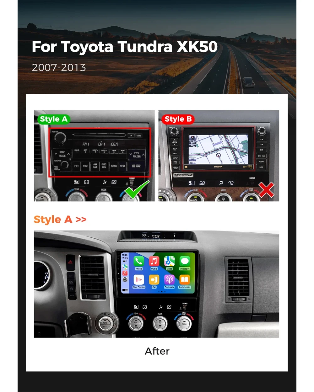 Android 15 Carplay Car Radio For Toyota Tundra XK50 2007 - 2013 Sequoia XK60 2008 - 2017 Navigation GPS Multimedia Player stereo