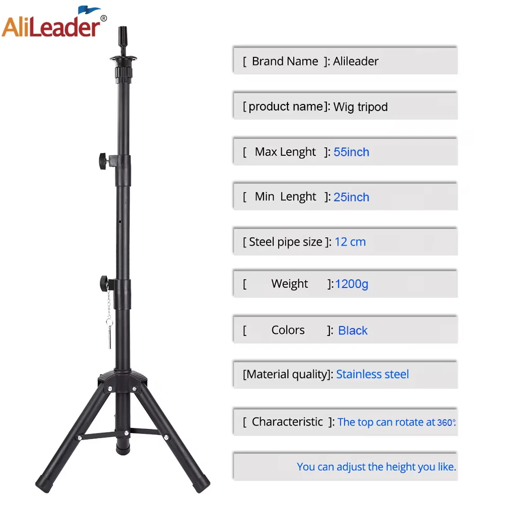 رأس عارضة أزياء بحامل ثلاثي القوائم قابل للتعديل مقاس 55 بوصة باللون الأسود للتدريب على تصفيف الشعر #2