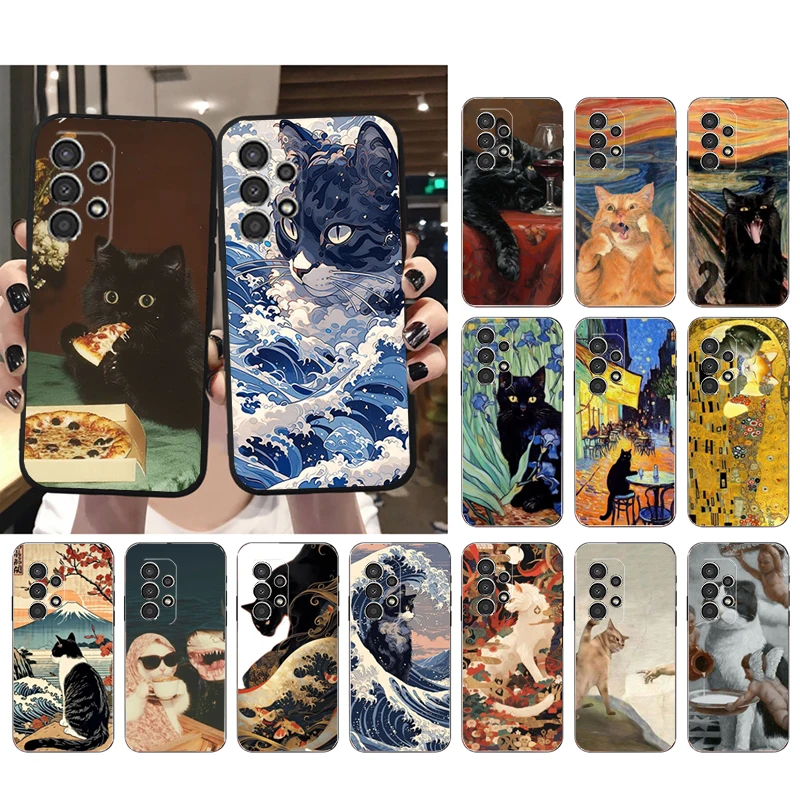 

Phone Case For Samsung A55 A16 A56 A36 A35 A15 A53 A54 A33 A34 A25 A05S A52 A52S A14 A26 A71 Art Black Cat Wave Van
