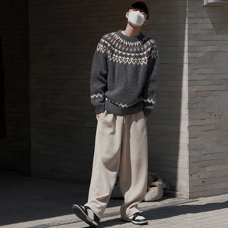 Fair Isle Jacquard Sweater Male Crew Neck Knitwear Pullover Autumn Winter Thickened Christmas Sweater Men Comfortable Knitted