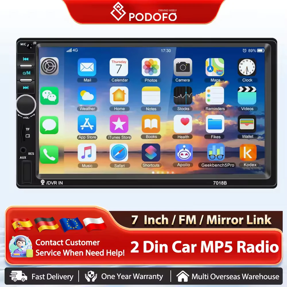 Podofo 7-calowe 2din samochodowe radio stereo z obsługą Mirrorlink BT EQ Inteligentny system samochodowy Odtwarzacz Autoradio Samochodowy odtwarzacz multimedialny