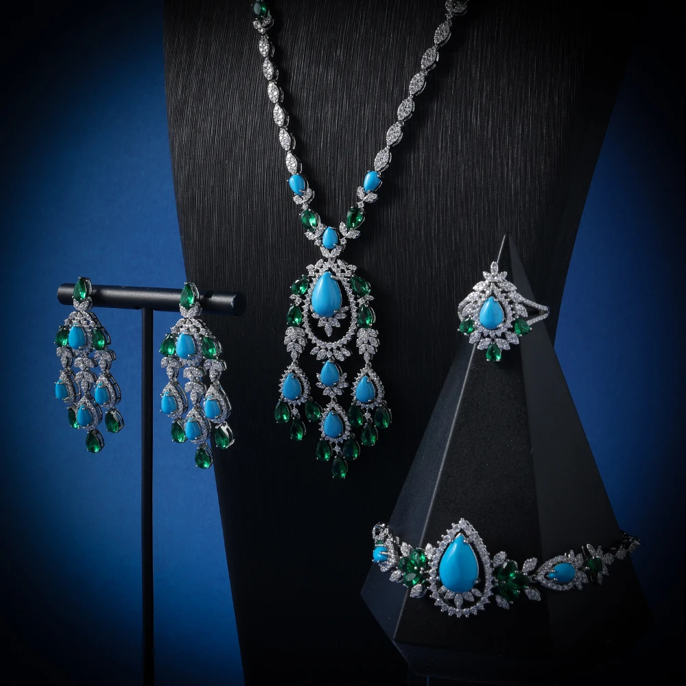 IN JEWELIFE Trendy Turquoise Zircon Long Necklace Earring Bracelet Ring Jewelry Sets for Women Party Luxury Wed Jewellery