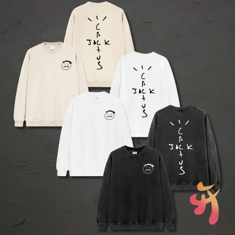 

Men Women Cactus Jack Round Neck Pullover American Vinatge Street Cartoon Graffiti Avatar Letter Sweatshirts Loose Cotton Tops