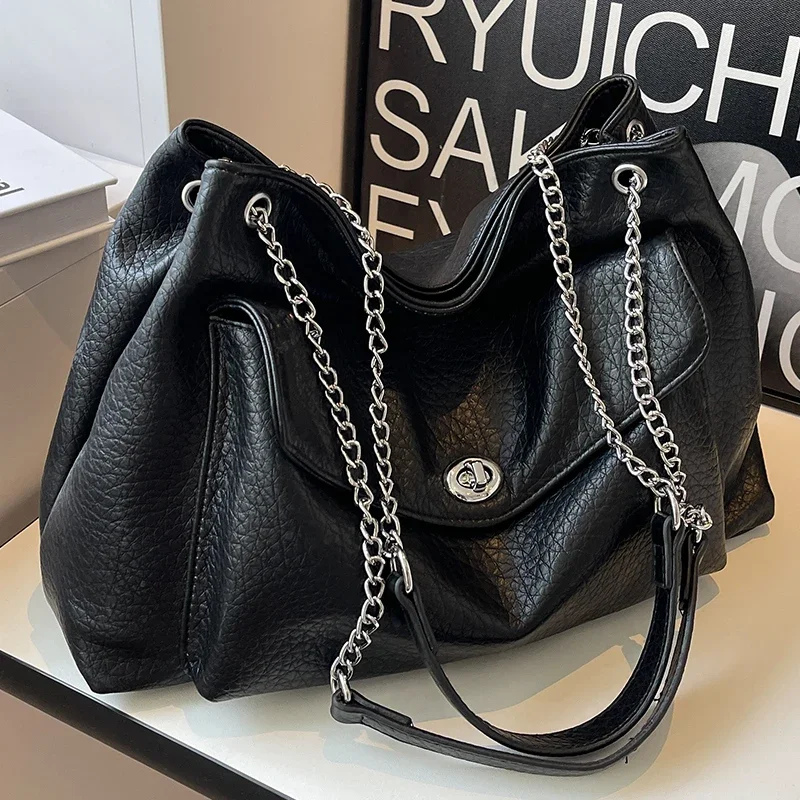 Female Large Black Tote Handbag Multi Pocket Ladies Metal Chain Shoulder Bag Soft Pu Leather Women\'s Serviceable Crossbody Bags