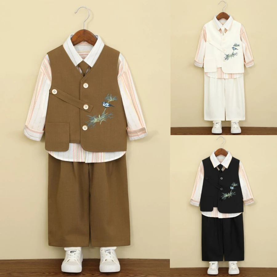 Boys New Chinese Style Vest Suit Set Bamboo Embroidery Asymmetrical Placket with Wide Leg Pants Kids Stage Performance Outfit