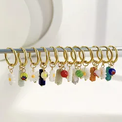 Pendientes de aro bohemios hechos a mano con cuentas de piedra Natural para mujer, aros Huggie circulares de acero inoxidable de Color dorado, joyería Bijoux