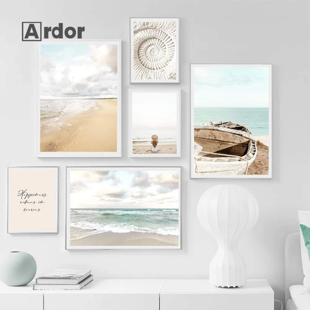 Modern Minimalist Beach Poster Girl Wooden Boat Shell Quotes Canvas Panting Print Wall Art Pictures Home Living Room Home Decor