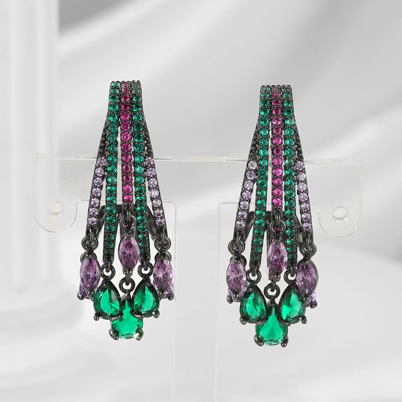 Gothic Multicolor Crystal Fringe Drop Earrings Black Gold Plated Green&Purple CZ Stone Fashion Jewelry Party & Evening Accessory