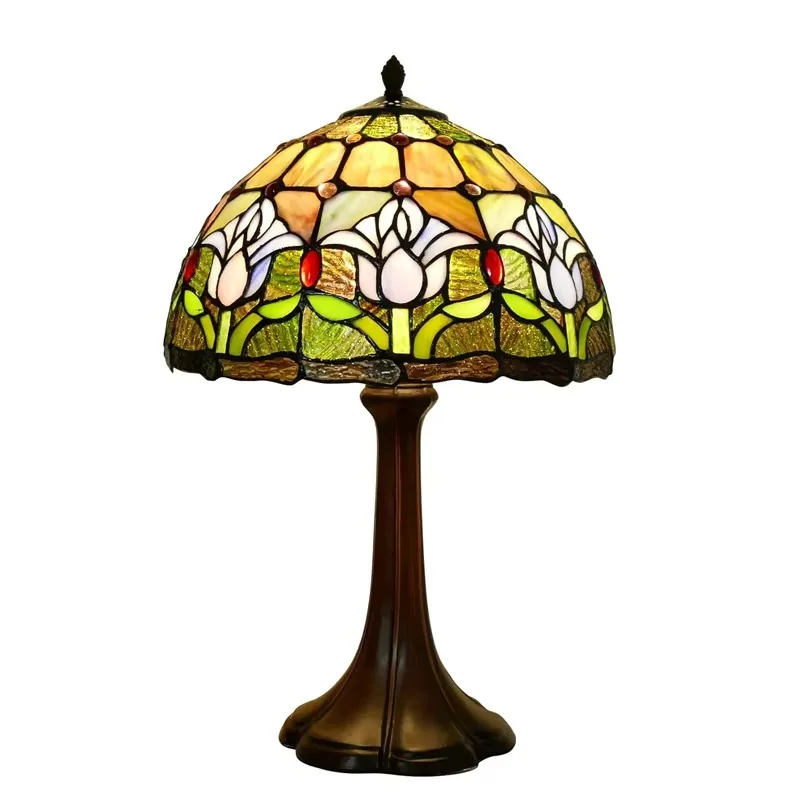 

Purple tulip stained glass floral table lamp living room bedroom study home handmade bedside table lamp