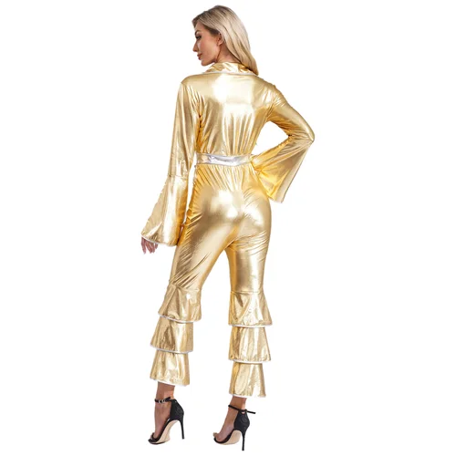 Imagen 2 del producto Mono de baile de Jazz Disco para mujer de los años 70 y 80, mono metálico acampanado de manga larga brillante de una pieza, disfraz de Cosplay para fiesta de Carnaval