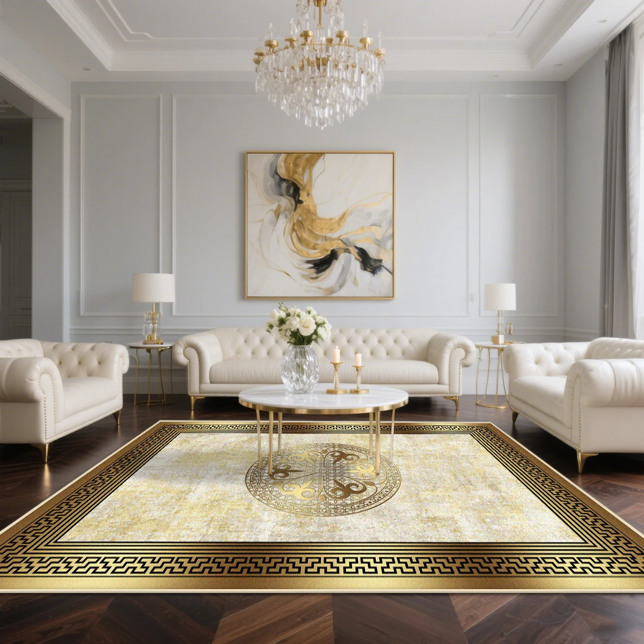 

Luxury Carpet Living Room Golden Decoration Home Carpets Large Size Sofa Area Rug Washable Hotel Hall Soft Anti-slip Floor Mat