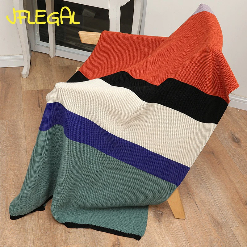 JFLEGAL Hotel Bedside Blanket Nordic Style Sofa Blanket Color-blocked Striped Knitted Blanket Summer Air-conditioned Nap Mantas