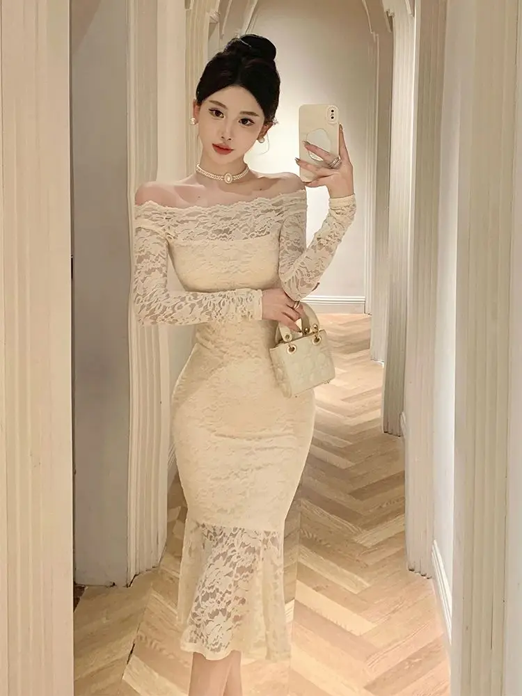 Elegant One-shoulder Lace Dress for Ladies Popular Birthday Dress for Women Hip-covering Fishtail Long Dress