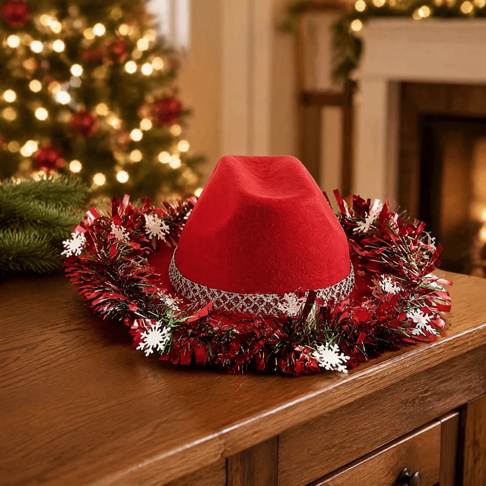 Ribbon Decoration Christmas Cowboy Hat Vintage Snowflake Western Hat Sunscreen Santa Claus Design Jazz Hat Stage Performance