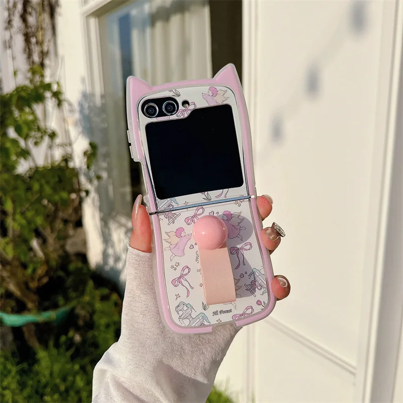 

Cat Ear Pink Strap Phone Case For Samsung Galaxy Z Flip 7 6 5 4 Protective Back Cover For ZFlip5 ZFlip6 ZFlip7 Case Shell