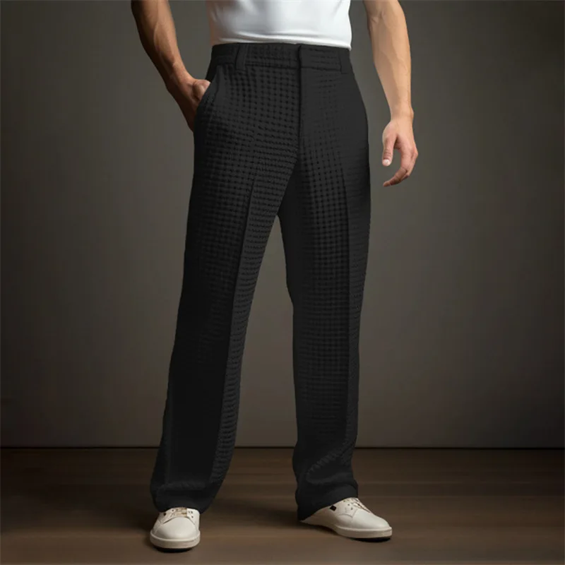

Fashion Male Business Clothes Pants Men's Solid Color Simple Basic Casual Trendy Straight Wide Leg Waffle Trousers Four Seasons