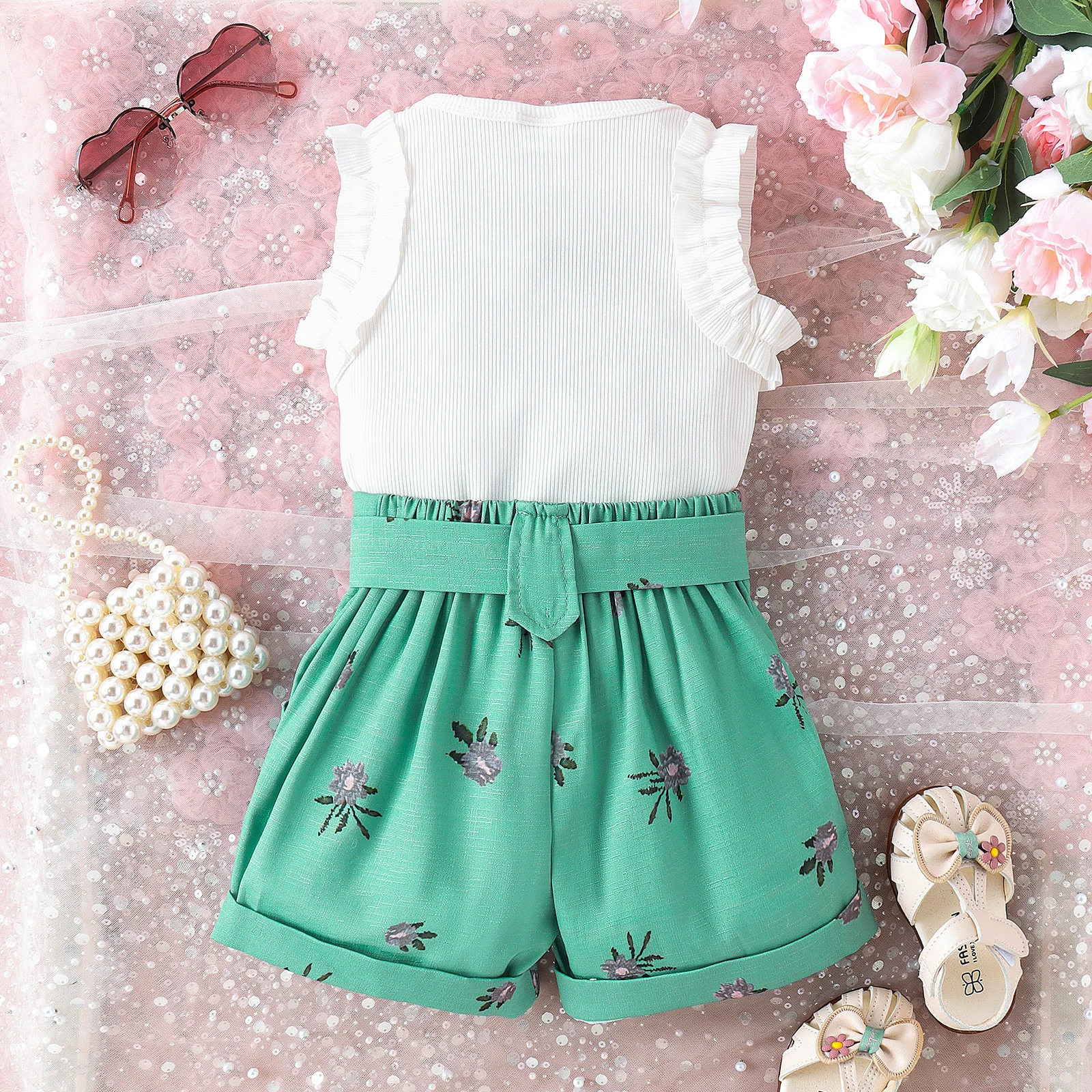 2PCS 0-4 Years Old Cute Fashion Trend Comfort Baby Universal Multi-Colored Cratered Lace Top + Printed Shorts Summer