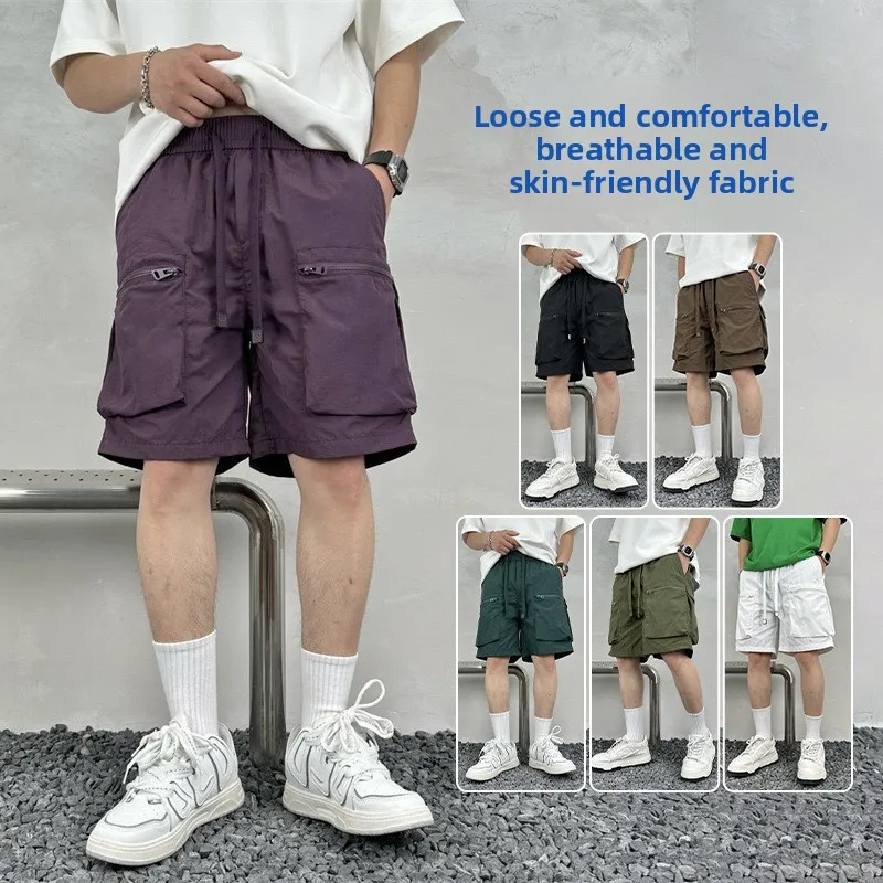 

Qui Drng Summer Loose Men's Workwear orts Comfortable Breathable Nylon Fabric Elastic Waist Zipper ket Five-Quarter ...