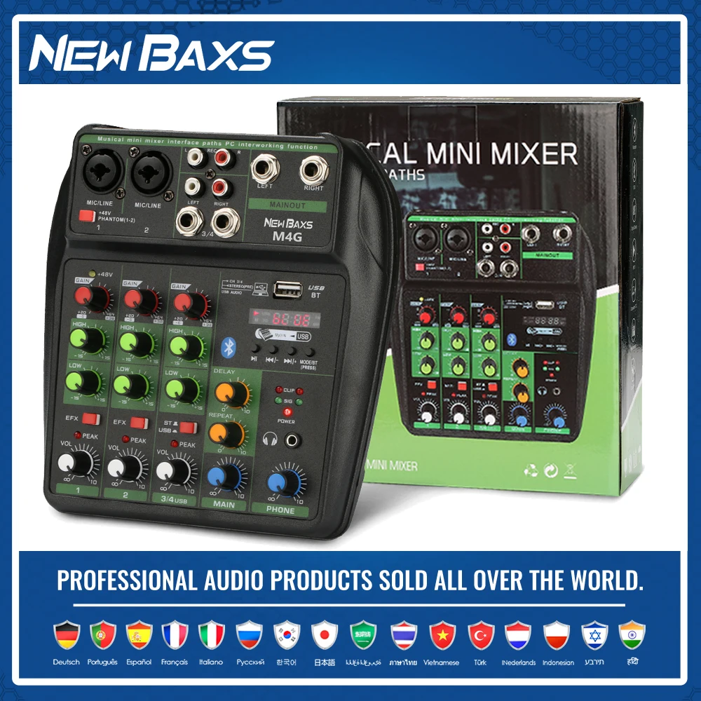 NEW BAXS M4 Audio Mixer 4-Channel Sound Mixing Console M8 Support Bluetooth USB 48V Power for Karaoke Party Recording Webcasting