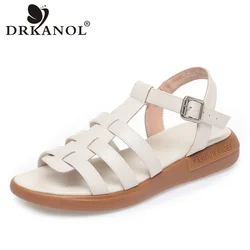 DRKANOL sandali estivi moda donna in pelle crosta con fibbia aperta sandali Casual piatti da donna scarpe romane Concise Big Size 41 42