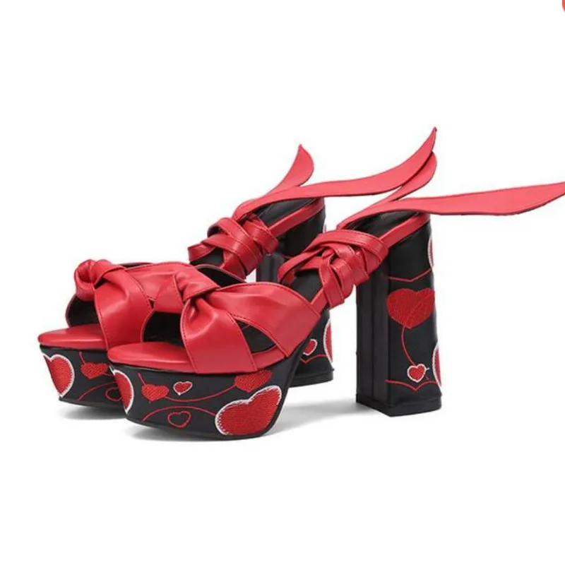 Women's Embroidery Lace up Sandals Platform Chunky Heels Shoes Summer Peep Toe Ankle Strap Party Shoes Sandalia Feminina