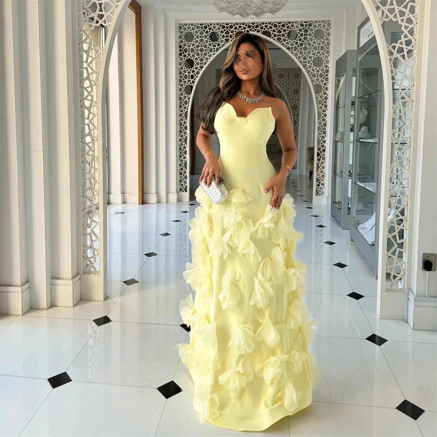 

Yellow Floral Party Long Bespoke Occasion Gown Evening Dresses Prom Pastrol Unisex Jersey Retro Dubai Saudi Arabic Customized
